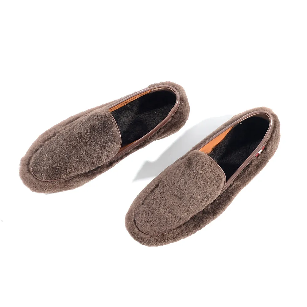 Bally Mens Slip on Lamb Fur Loafers in Brown