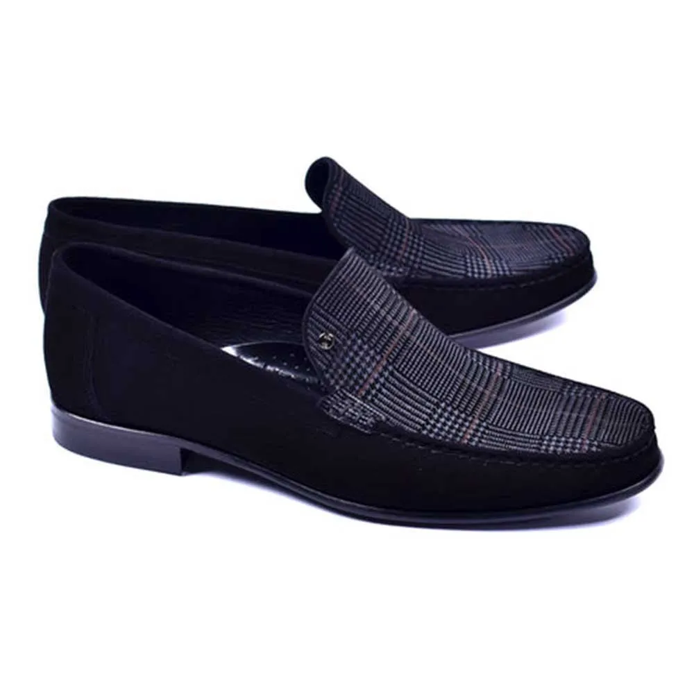 Corrente Handsewn Jon Black Plaid Suede Loafers for men