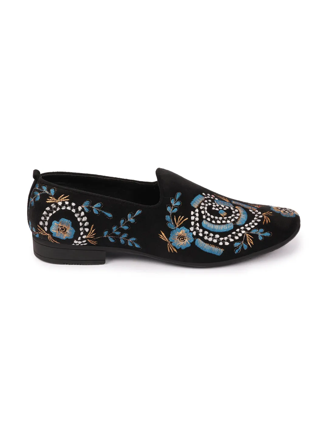 Men Blue Embroidery Floral Print Velvet Party Slip On Loafers Shoes