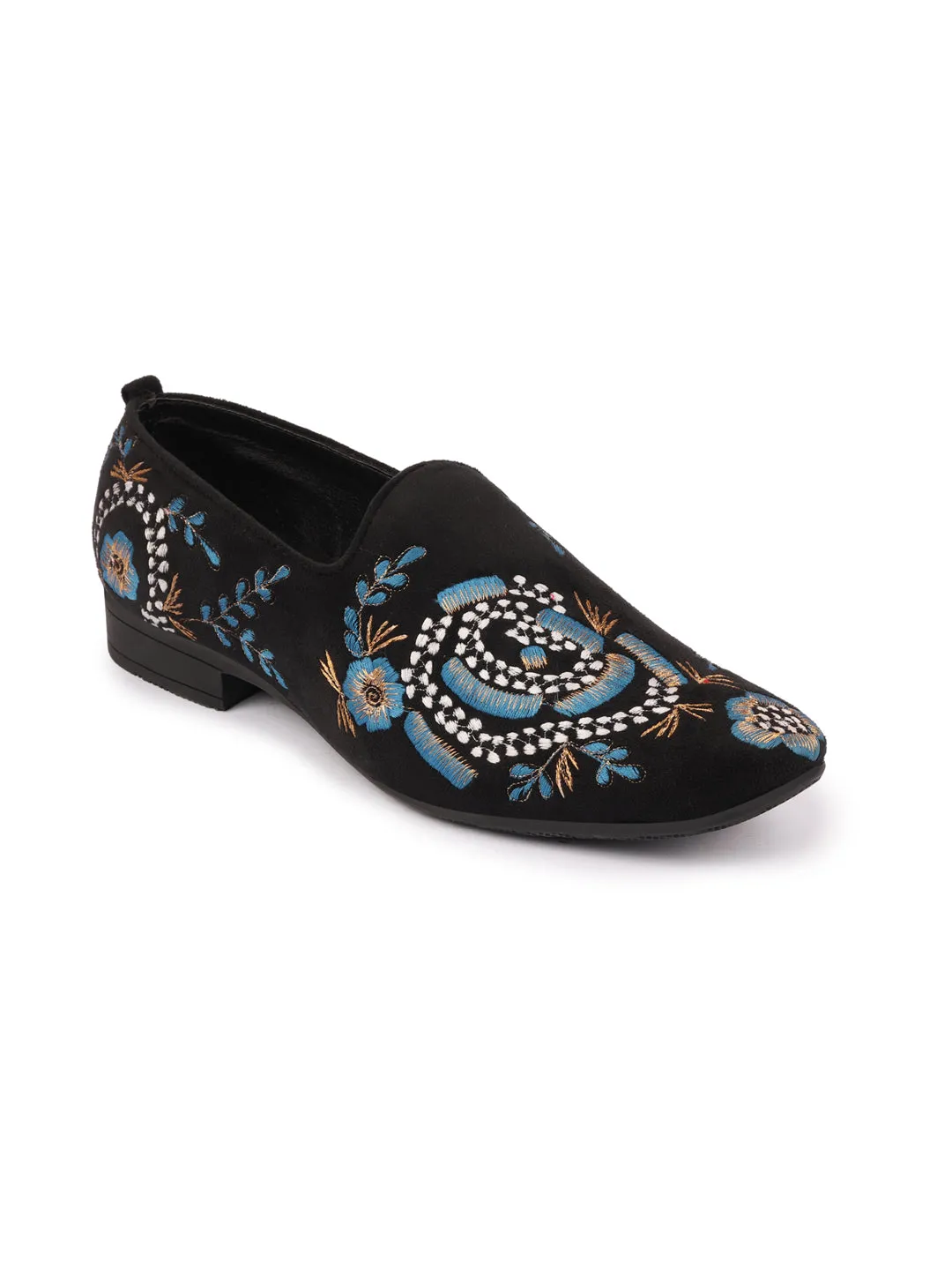 Men Blue Embroidery Floral Print Velvet Party Slip On Loafers Shoes