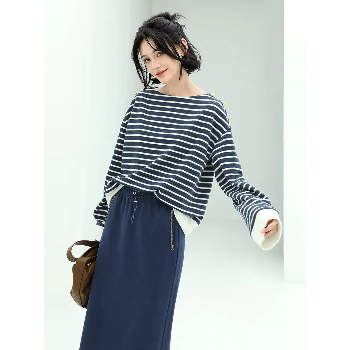 Nautical Boat Neck Wide Sleeved Striped Sweater